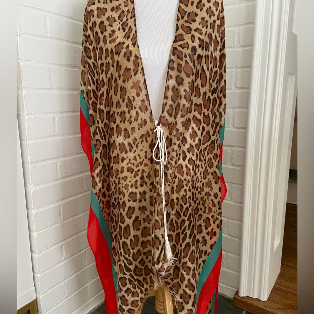 Never Worn Leopard Print Long Kimono Swim Beach Cover-Up Red And Green Accents